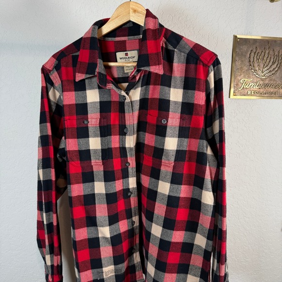WOOLRICH Womens Red Black Tan Plaid Flannel Shirt Long Sleeve Button Up‎ Size L - Picture 2 of 11
